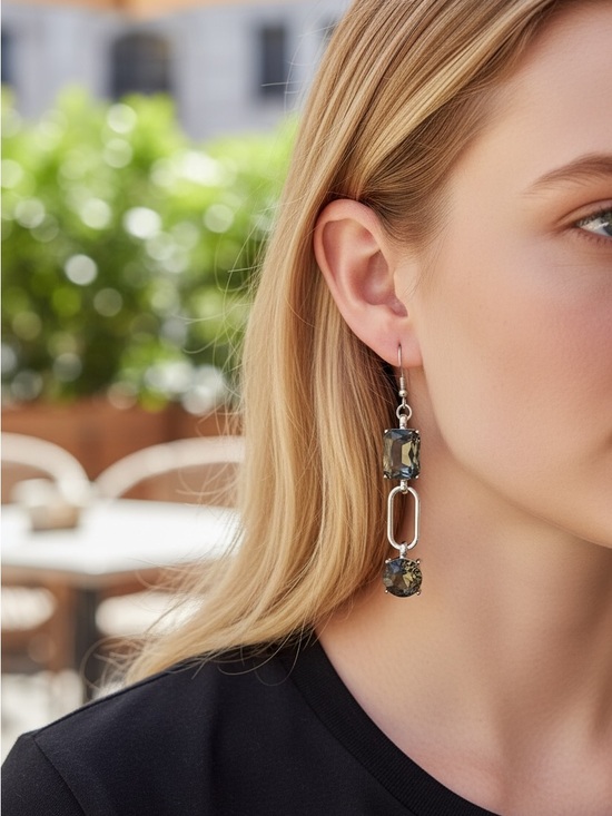 Jewelry - 6/4  Silver Drop Earrings with Smoky Crystal Accents